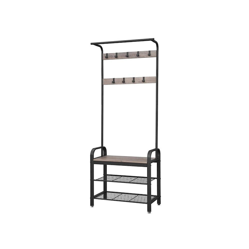 Portemanteau d'entrée gris et noir avec étagère de rangement, accent en bois et cadre en métal – 13.3P x 28.3L x 72.1H