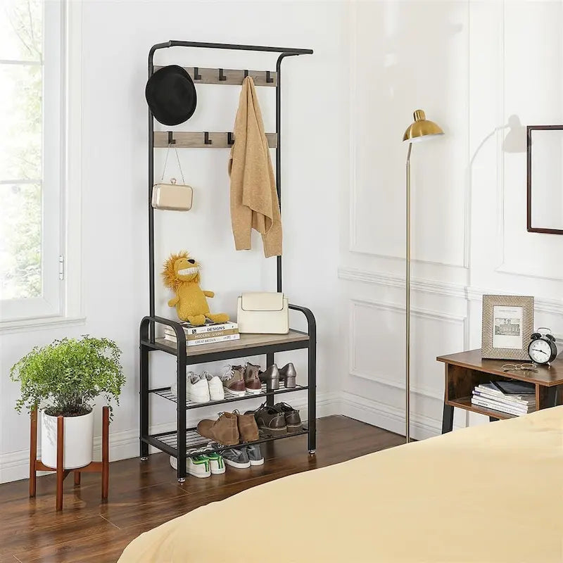 Portemanteau d'entrée gris et noir avec étagère de rangement, accent en bois et cadre en métal – 13.3P x 28.3L x 72.1H