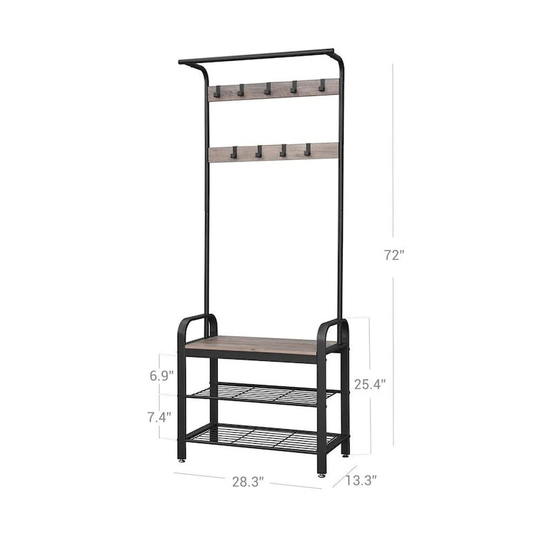 Portemanteau d'entrée gris et noir avec étagère de rangement, accent en bois et cadre en métal – 13.3P x 28.3L x 72.1H