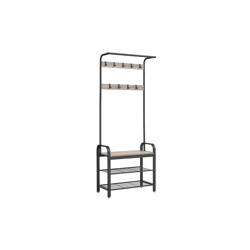 Portemanteau d'entrée gris et noir avec étagère de rangement, accent en bois et cadre en métal – 13.3P x 28.3L x 72.1H