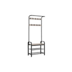 Portemanteau d'entrée gris et noir avec étagère de rangement, accent en bois et cadre en métal – 13.3P x 28.3L x 72.1H