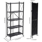Étagère de rangement pliable en métal robuste à 5 niveaux noire avec roulettes