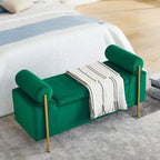 Banc de rangement ottoman en velours capitonné Morden, élégant repose-pieds avec accoudoirs roulés et pieds en fer pour chambre, couloir