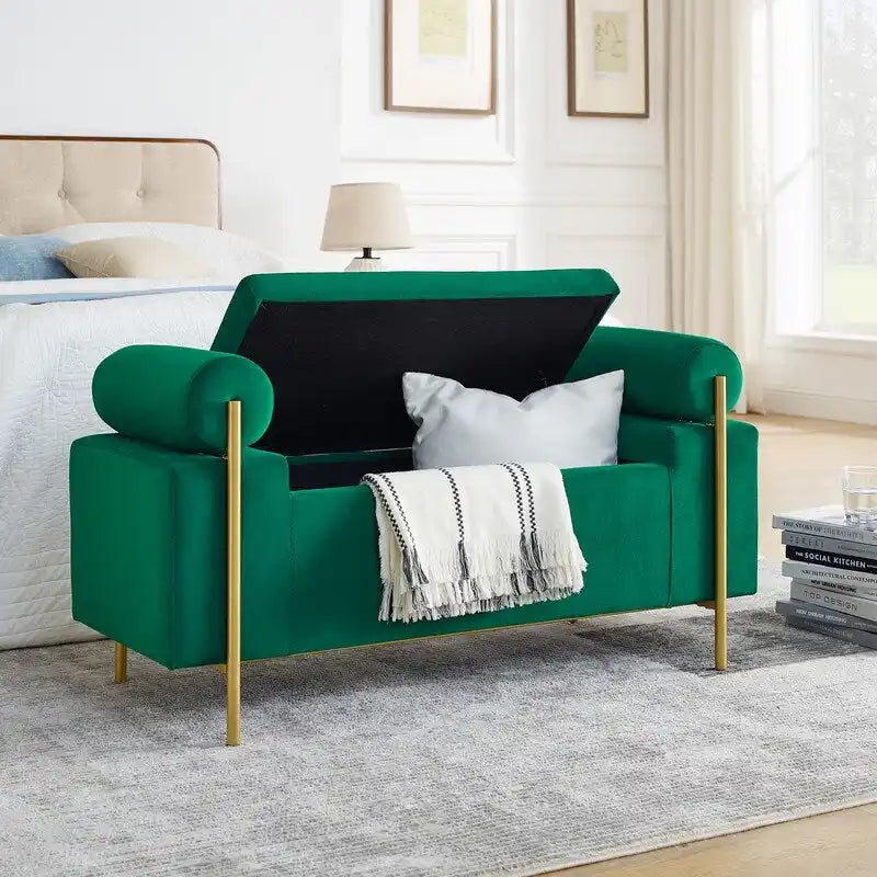 Banc de rangement ottoman en velours capitonné Morden, élégant repose-pieds avec accoudoirs roulés et pieds en fer pour chambre, couloir