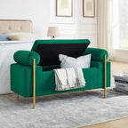 Banc de rangement ottoman en velours capitonné Morden, élégant repose-pieds avec accoudoirs roulés et pieds en fer pour chambre, couloir