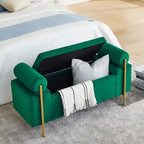 Banc de rangement ottoman en velours capitonné Morden, élégant repose-pieds avec accoudoirs roulés et pieds en fer pour chambre, couloir