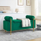 Banc de rangement ottoman en velours capitonné Morden, élégant repose-pieds avec accoudoirs roulés et pieds en fer pour chambre, couloir