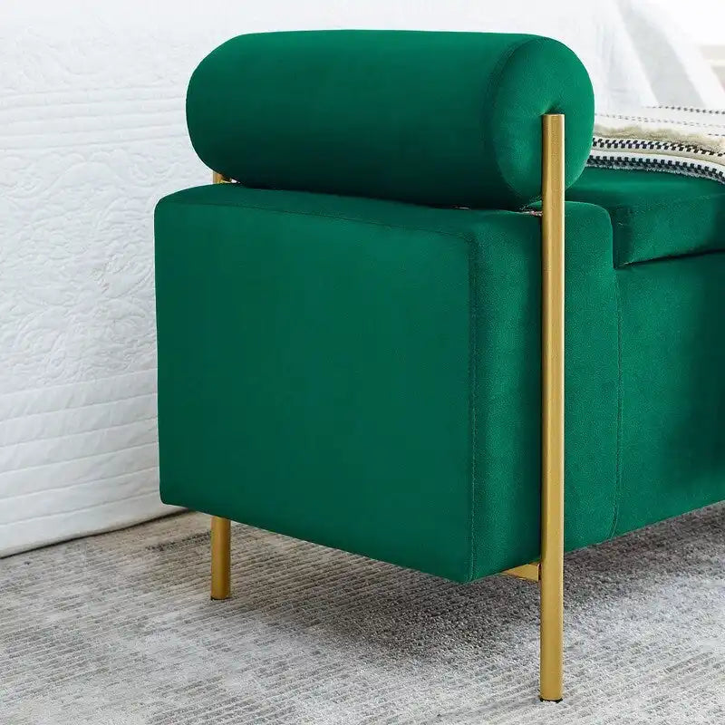 Banc de rangement ottoman en velours capitonné Morden, élégant repose-pieds avec accoudoirs roulés et pieds en fer pour chambre, couloir