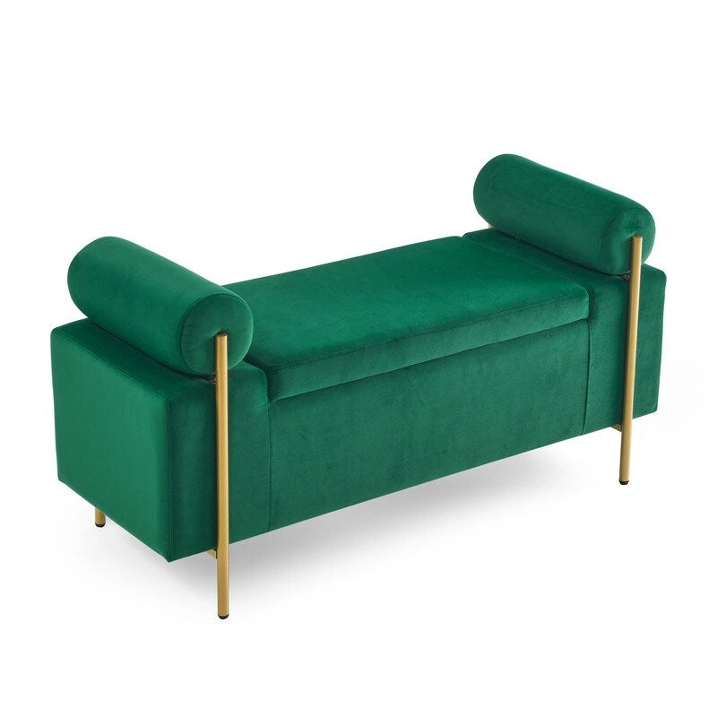 Banc de rangement ottoman en velours capitonné Morden, élégant repose-pieds avec accoudoirs roulés et pieds en fer pour chambre, couloir