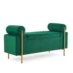 Banc de rangement ottoman en velours capitonné Morden, élégant repose-pieds avec accoudoirs roulés et pieds en fer pour chambre, couloir