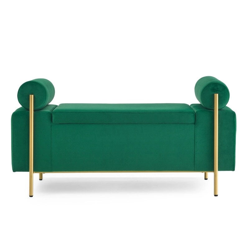 Banc de rangement ottoman en velours capitonné Morden, élégant repose-pieds avec accoudoirs roulés et pieds en fer pour chambre, couloir