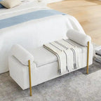 Banc de rangement ottoman en velours capitonné Morden, élégant repose-pieds avec accoudoirs roulés et pieds en fer pour chambre, couloir