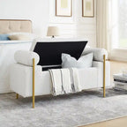 Banc de rangement ottoman en velours capitonné Morden, élégant repose-pieds avec accoudoirs roulés et pieds en fer pour chambre, couloir