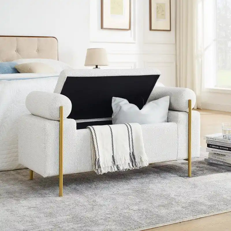 Banc de rangement ottoman en velours capitonné Morden, élégant repose-pieds avec accoudoirs roulés et pieds en fer pour chambre, couloir