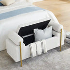 Banc de rangement ottoman en velours capitonné Morden, élégant repose-pieds avec accoudoirs roulés et pieds en fer pour chambre, couloir