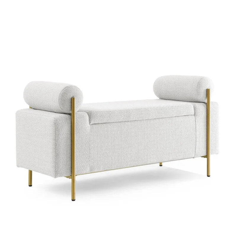 Banc de rangement ottoman en velours capitonné Morden, élégant repose-pieds avec accoudoirs roulés et pieds en fer pour chambre, couloir