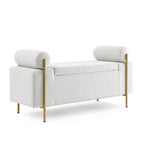 Banc de rangement ottoman en velours capitonné Morden, élégant repose-pieds avec accoudoirs roulés et pieds en fer pour chambre, couloir