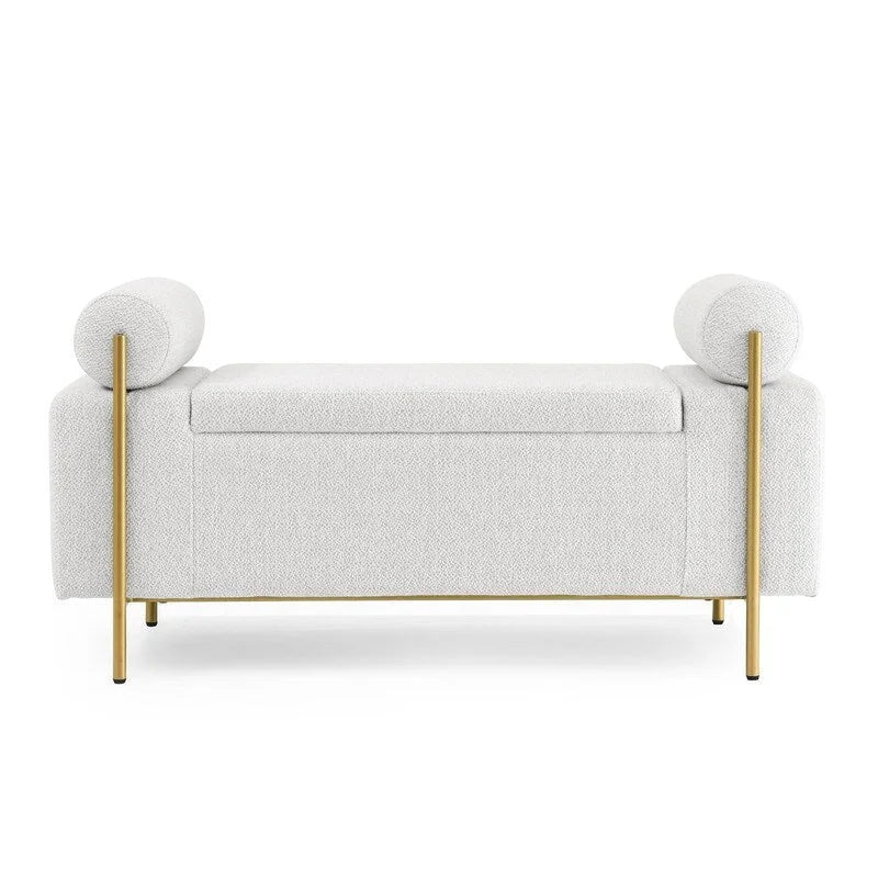 Banc de rangement ottoman en velours capitonné Morden, élégant repose-pieds avec accoudoirs roulés et pieds en fer pour chambre, couloir