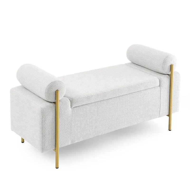 Banc de rangement ottoman en velours capitonné Morden, élégant repose-pieds avec accoudoirs roulés et pieds en fer pour chambre, couloir