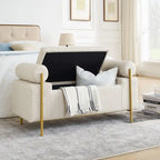 Banc de rangement ottoman en velours capitonné Morden, élégant repose-pieds avec accoudoirs roulés et pieds en fer pour chambre, couloir