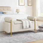 Banc de rangement ottoman en velours capitonné Morden, élégant repose-pieds avec accoudoirs roulés et pieds en fer pour chambre, couloir