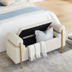 Banc de rangement ottoman en velours capitonné Morden, élégant repose-pieds avec accoudoirs roulés et pieds en fer pour chambre, couloir