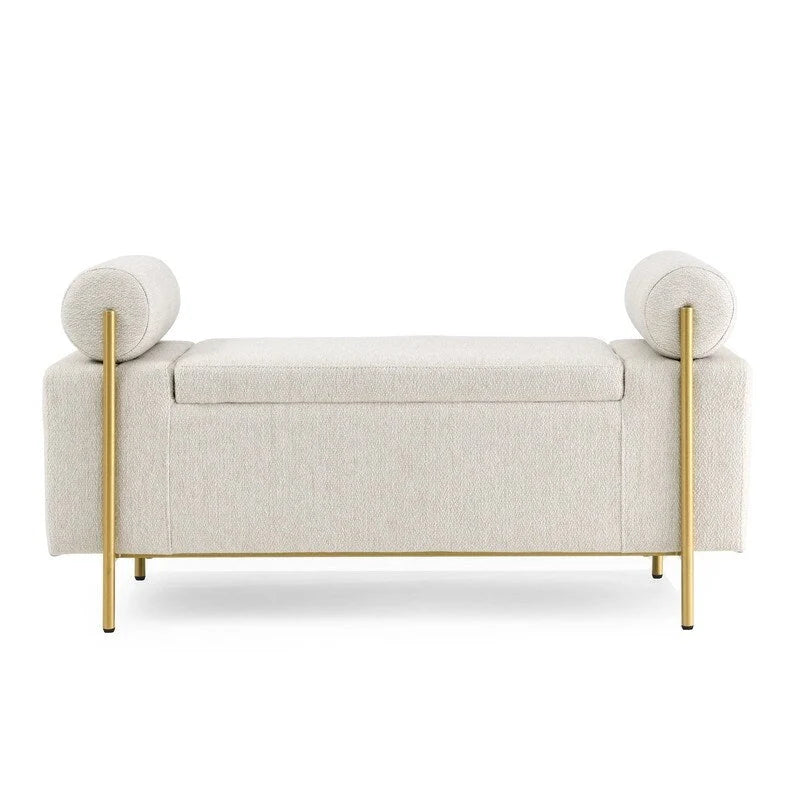 Banc de rangement ottoman en velours capitonné Morden, élégant repose-pieds avec accoudoirs roulés et pieds en fer pour chambre, couloir