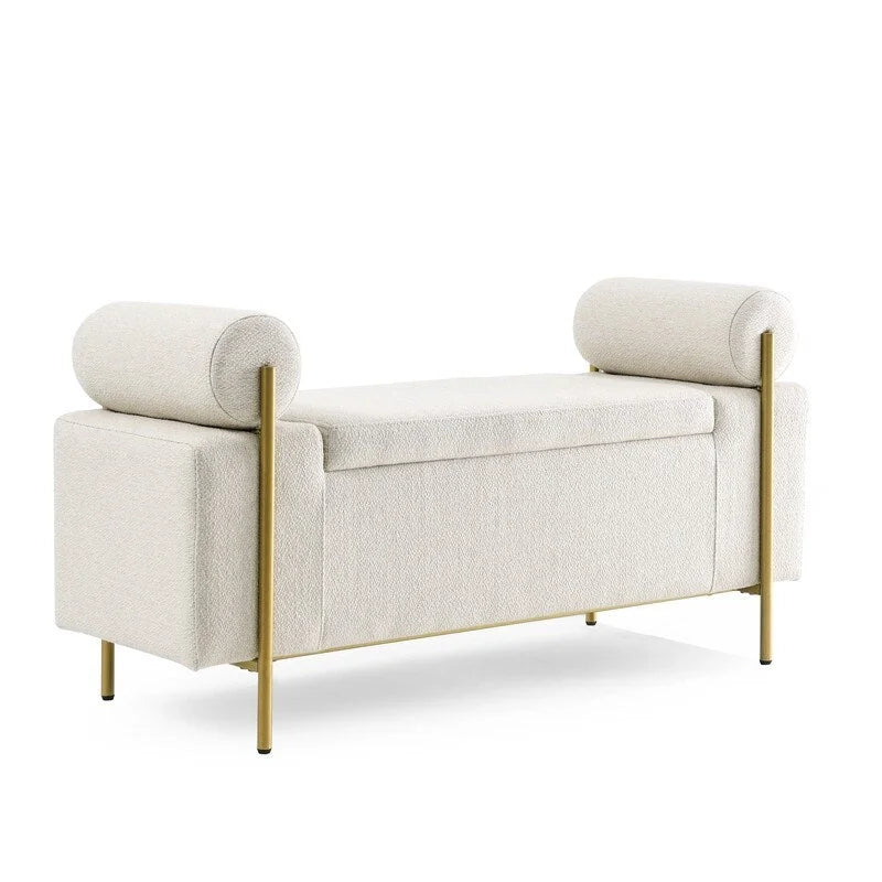 Banc de rangement ottoman en velours capitonné Morden, élégant repose-pieds avec accoudoirs roulés et pieds en fer pour chambre, couloir