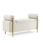 Banc de rangement ottoman en velours capitonné Morden, élégant repose-pieds avec accoudoirs roulés et pieds en fer pour chambre, couloir
