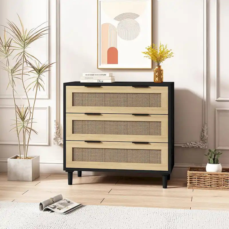 Commode 3 tiroirs en rotin avec tiroirs en rotin, pour chambre à coucher, salon, salle à manger, couloirs