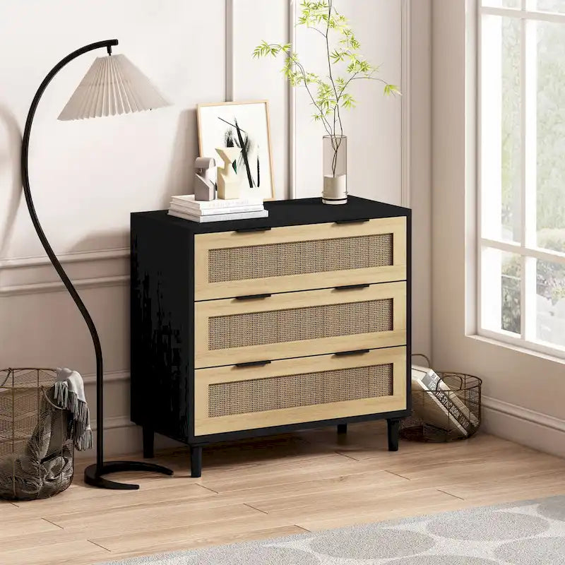 Commode 3 tiroirs en rotin avec tiroirs en rotin, pour chambre à coucher, salon, salle à manger, couloirs