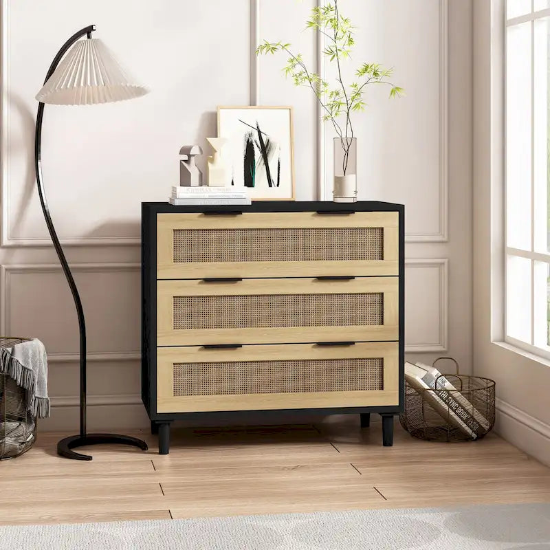 Commode 3 tiroirs en rotin avec tiroirs en rotin, pour chambre à coucher, salon, salle à manger, couloirs