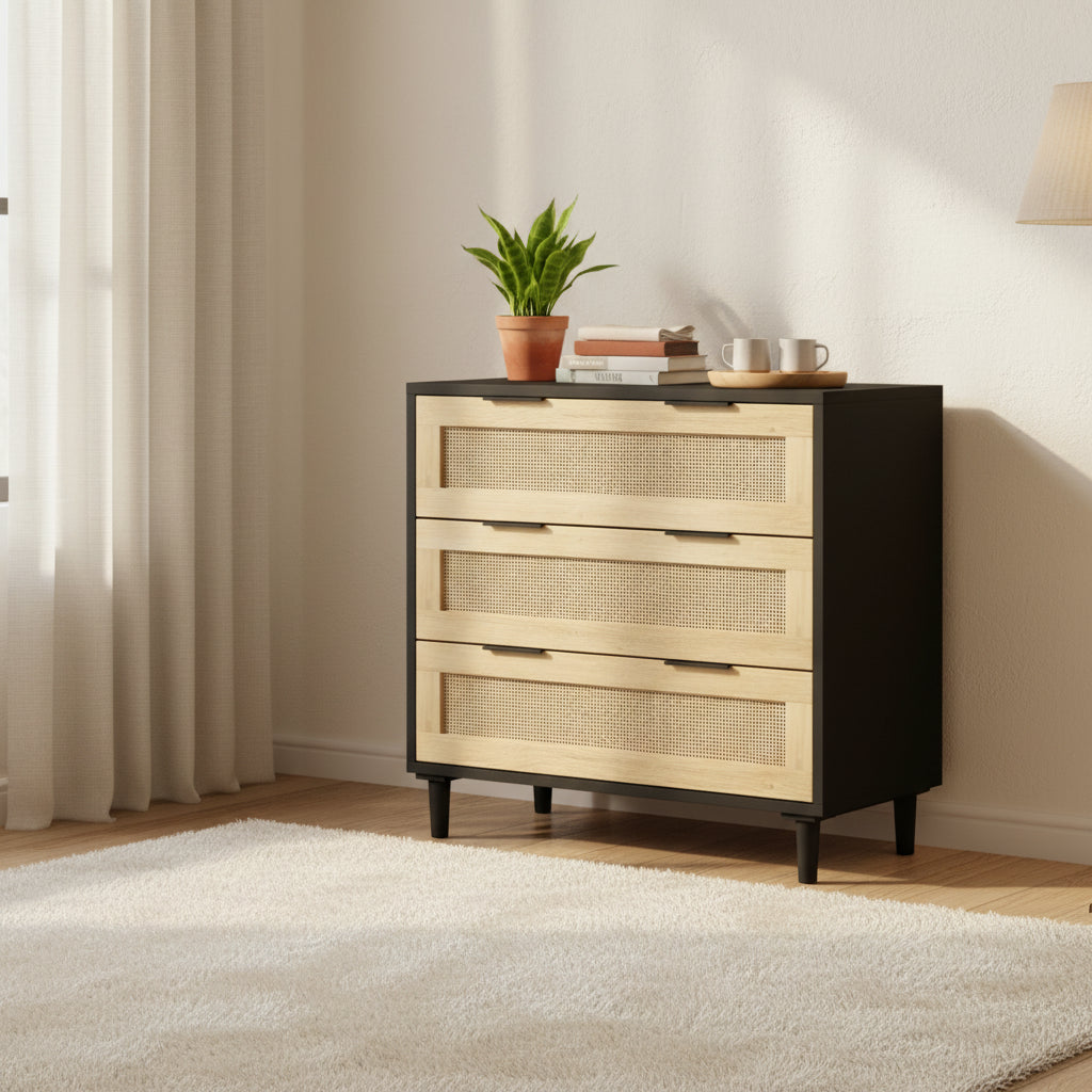 Commode 3 tiroirs en rotin avec tiroirs en rotin, pour chambre à coucher, salon, salle à manger, couloirs