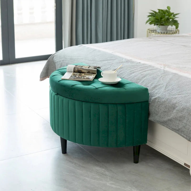 Banc de rangement ottoman touffeté en velours moderne demi-lune, vert