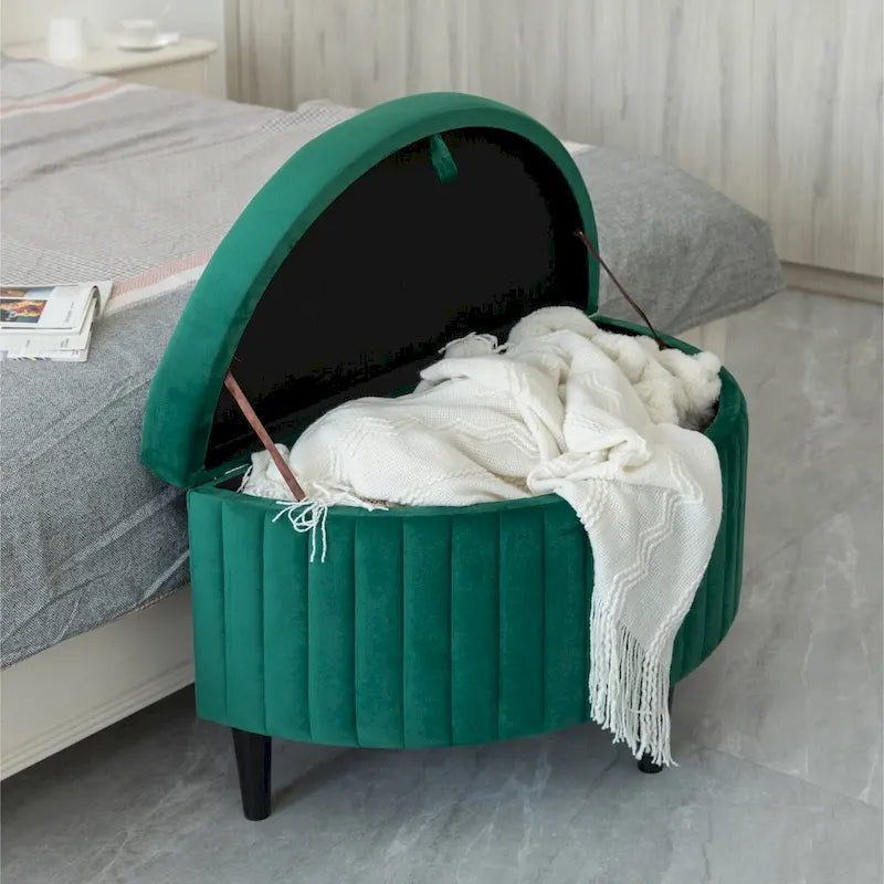 Banc de rangement ottoman touffeté en velours moderne demi-lune, vert