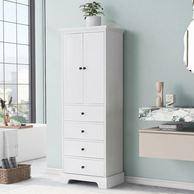 Meuble de rangement avec 2 portes et 4 tiroirs pour salle de bain, bureau, étagère réglable