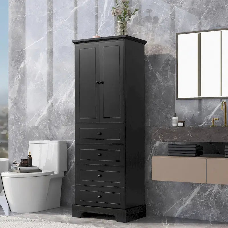 Meuble de rangement avec 2 portes et 4 tiroirs pour salle de bain, bureau, étagère réglable