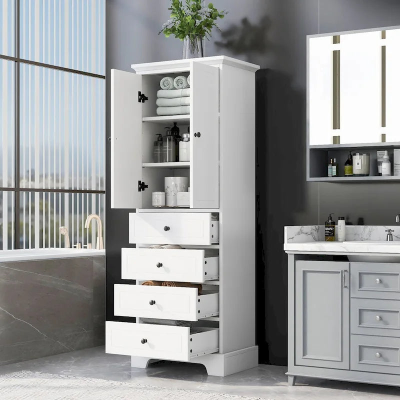Meuble de rangement avec 2 portes et 4 tiroirs pour salle de bain, bureau, étagère réglable