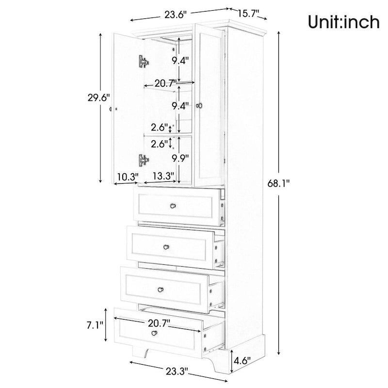 Meuble de rangement avec 2 portes et 4 tiroirs pour salle de bain, bureau, étagère réglable