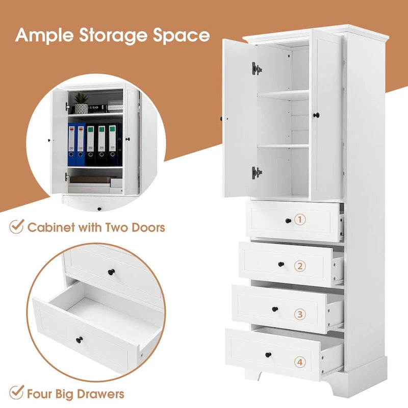 Meuble de rangement avec 2 portes et 4 tiroirs pour salle de bain, bureau, étagère réglable