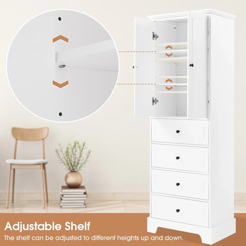 Meuble de rangement avec 2 portes et 4 tiroirs pour salle de bain, bureau, étagère réglable