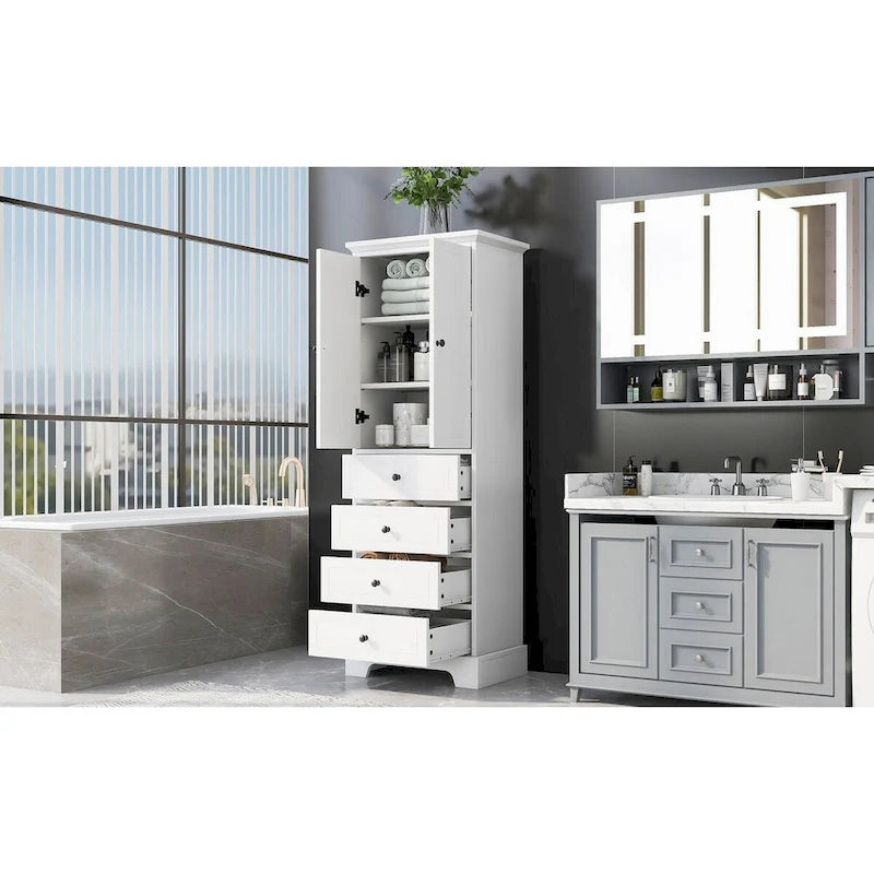 Meuble de rangement avec 2 portes et 4 tiroirs pour salle de bain, bureau, étagère réglable