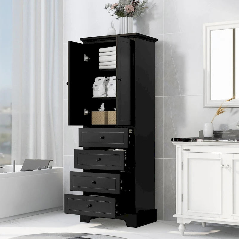 Meuble de rangement avec 2 portes et 4 tiroirs pour salle de bain, bureau, étagère réglable