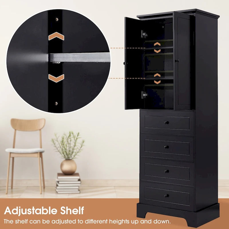 Meuble de rangement avec 2 portes et 4 tiroirs pour salle de bain, bureau, étagère réglable