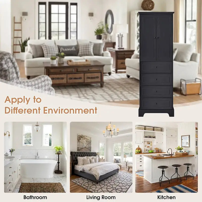 Meuble de rangement avec 2 portes et 4 tiroirs pour salle de bain, bureau, étagère réglable