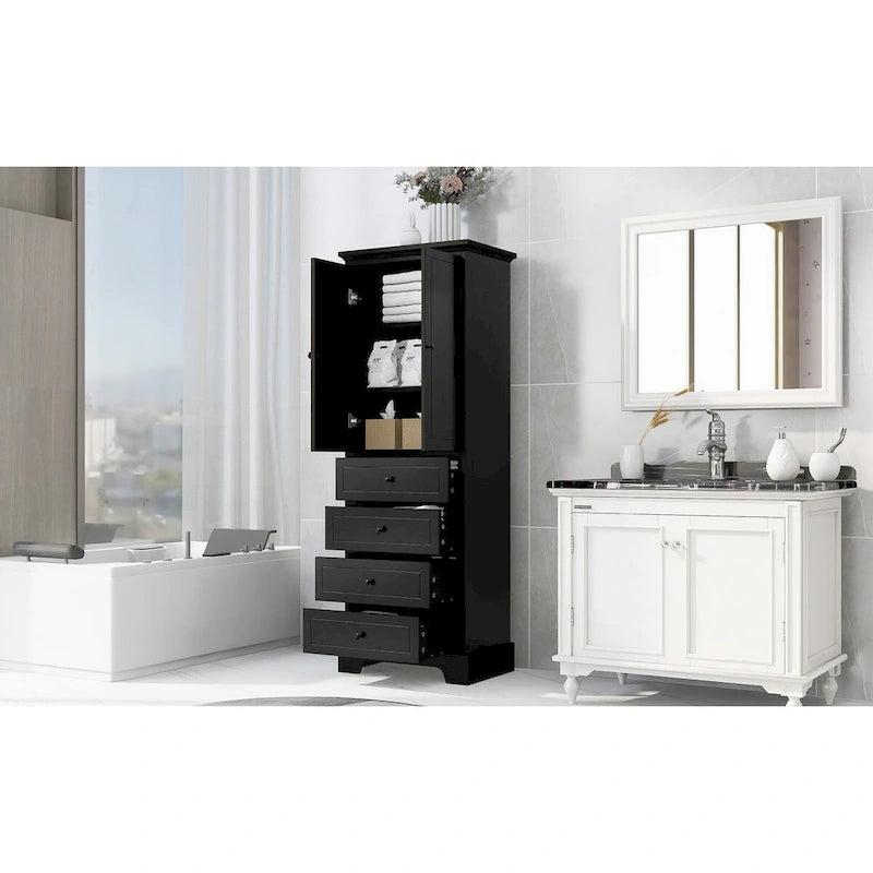 Meuble de rangement avec 2 portes et 4 tiroirs pour salle de bain, bureau, étagère réglable