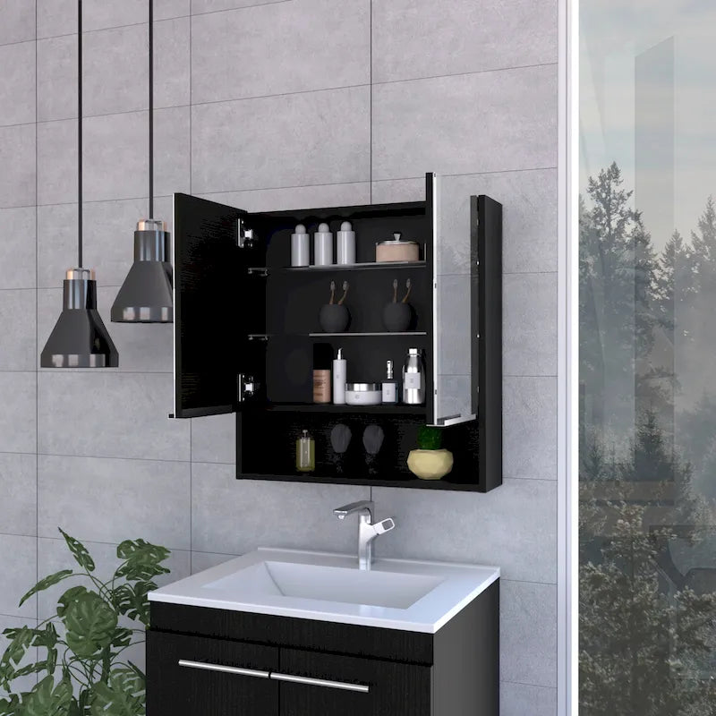 Armoire à pharmacie avec miroir, trois étagères intérieures, finition wengé noir