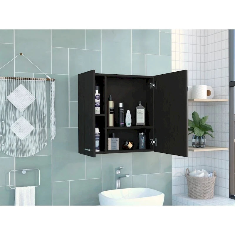 Armoire à pharmacie avec miroir, trois étagères intérieures, finition wengé noir