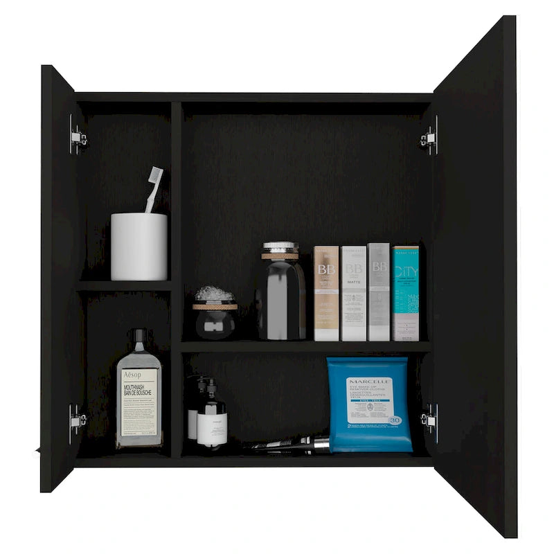 Armoire à pharmacie avec miroir, trois étagères intérieures, finition wengé noir