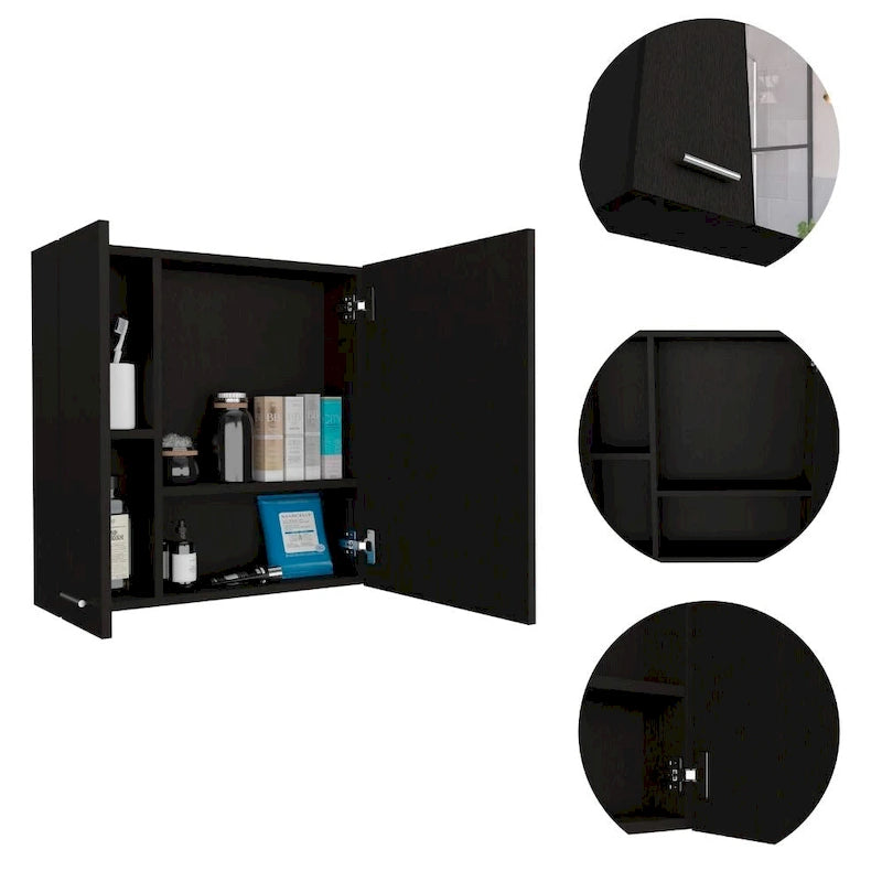 Armoire à pharmacie avec miroir, trois étagères intérieures, finition wengé noir